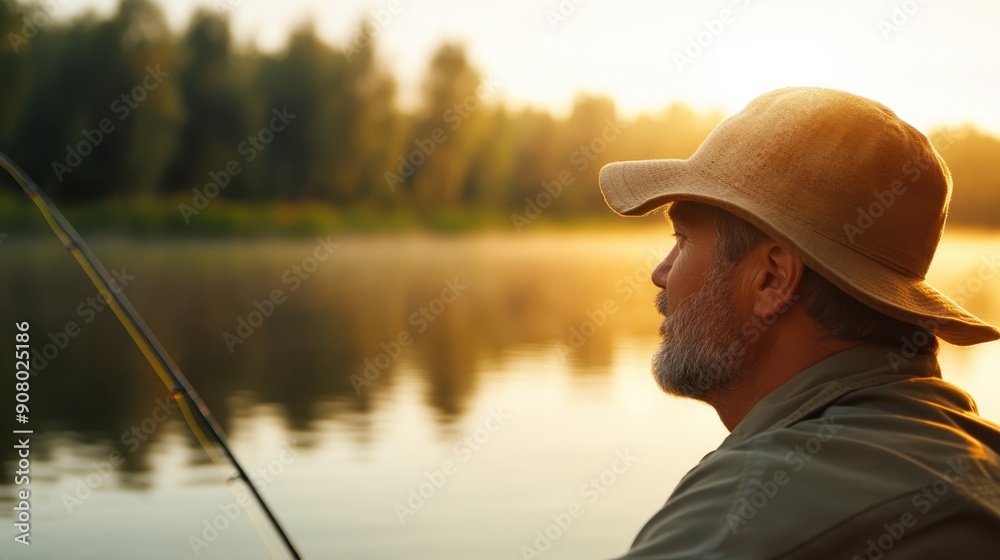 Serene Man Finding Peace: Fishing for Stress Relief by Tranquil Pond Serene Man Finding Peace: Fishing for Stress Relief by Tranquil Pond