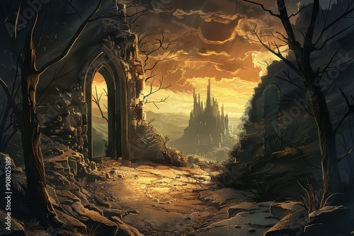 A path through ruins leading towards a distant castle bathed in the golden light of the setting sun