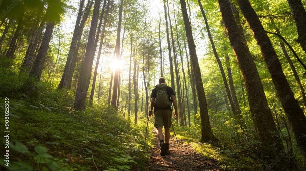 Serene Silhouette of Man Hiking in Dense Forest for Stress Relief with Copy Space, Realistic Backdrop of Forest Trail - Nature Walk Concept Serene Silhouette of Man Hiking in Dense Forest for Stress Relief with Copy Space, Realistic Backdrop of Forest Trail - Nature Walk Concept
