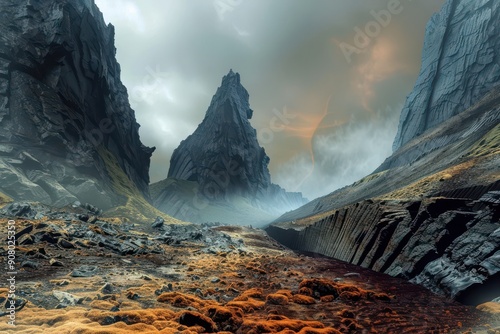 A dramatic landscape with towering cliffs and a misty sky