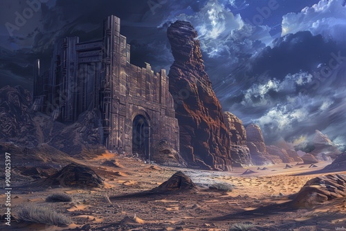 A weathered stone archway stands tall in a desolate desert landscape under a dramatic sky