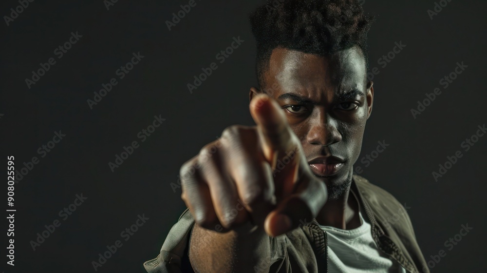 Intense Gaze: Young Black Man Pointing Towards the Camera with his fist in a Dark, Moody Setting. Intense Gaze: Young Black Man Pointing Towards the Camera with his fist in a Dark, Moody Setting.