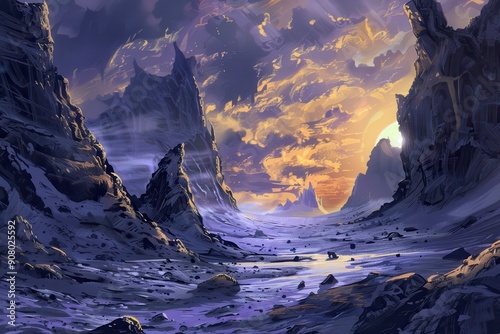 A mountainous landscape with a dramatic sunset casting an ethereal glow on the snowcovered ground