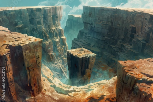 A solitary figure stands atop a towering rock formation in a canyon of weathered stone