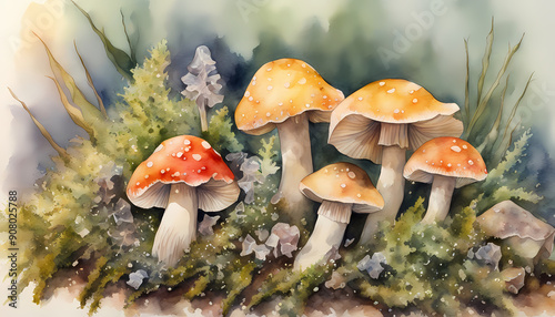 Amanita Mushrooms with Moss and Watercolour Background