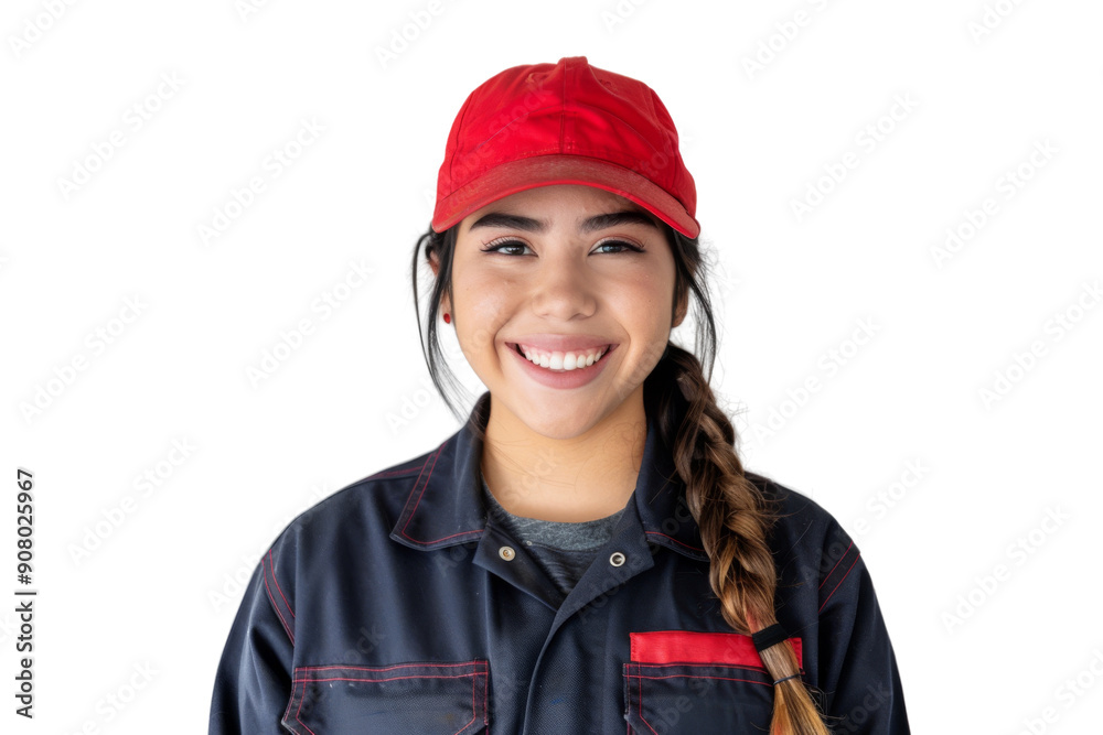 A woman wearing a red hat and a blue shirt is smiling A woman wearing a red hat and a blue shirt is smiling