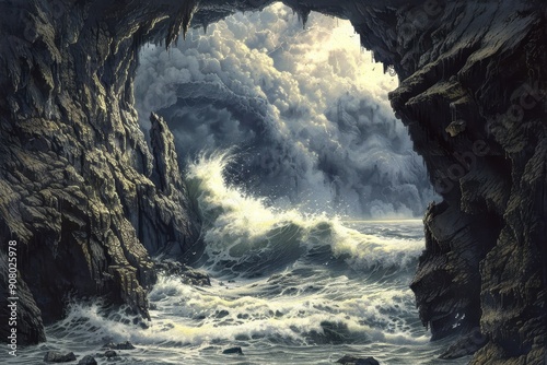 A dramatic view of a stormy sea from the opening of a cave