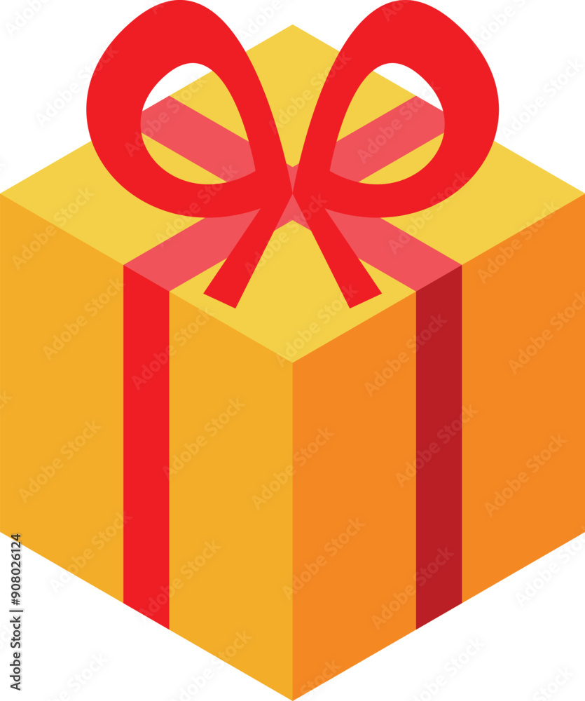 Simple yellow gift box wrapped with a red ribbon, presented in an isometric view, conveying a sense of celebration and anticipation Simple yellow gift box wrapped with a red ribbon, presented in an isometric view, conveying a sense of celebration and anticipation