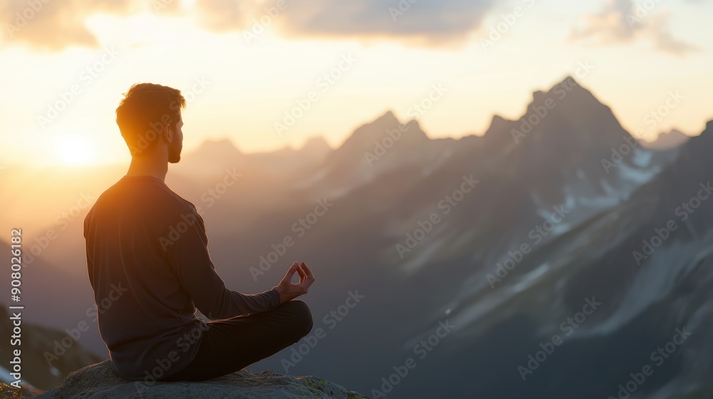 Finding Serenity: Man Meditating on Rock in Majestic Mountain Landscape at Sunset - Inner Peace and Harmony Concept in Silhouette Close Up Finding Serenity: Man Meditating on Rock in Majestic Mountain Landscape at Sunset - Inner Peace and Harmony Concept in Silhouette Close Up