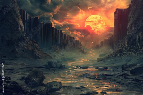 A crimson moon rises over a desolate rocky landscape with a winding river