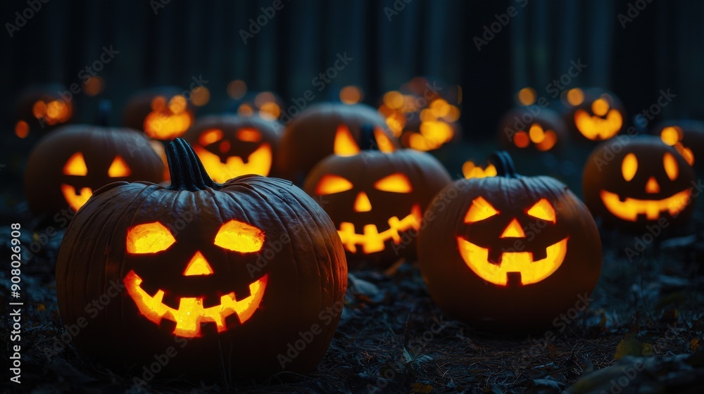 Fototapeta premium A group of pumpkins with their eyes open and mouths wide open, creating a spooky