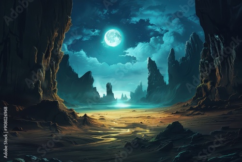 A tranquil desert landscape illuminated by a full moon and a stream running through the sand