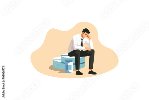 Depressed man sitting on Big Pill, leaning on his hands, having financial troubles during quarantine or suffering from loneliness, vector, illustration