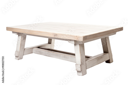 farmhouse coffee table with a chunky wooden top and whitewashed finish, isolated on a white background