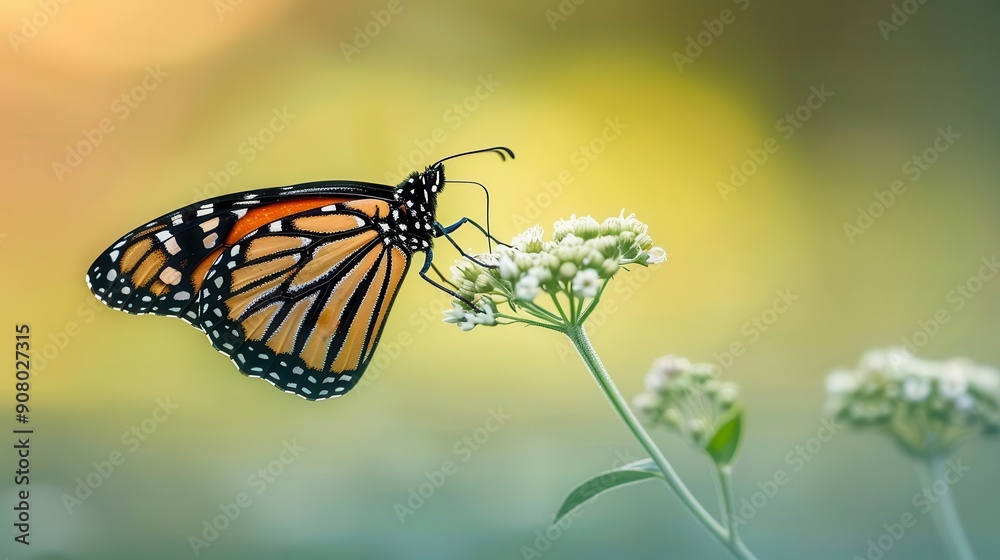 Fototapeta premium A close-up of a vibrant monarch butterfly on a wildflower, with a blurred green background, showcasing delicate beauty, Macro, Bright colors, High detail