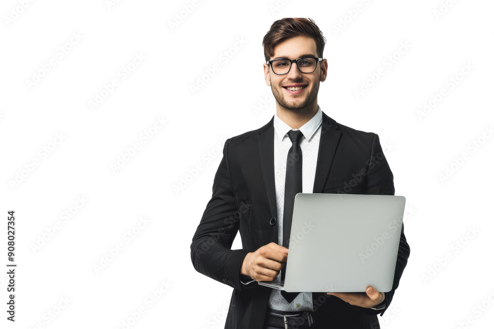 Confident businessman holding a laptop, wearing a suit, isolated on white background Confident businessman holding a laptop, wearing a suit, isolated on white background