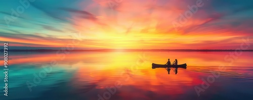 A couple in a canoe on a calm lake at sunset, with reflections of the vibrant sky on the water, illustrating romance and serenity, Romantic, Warm hues, High detail © Kasitthanin