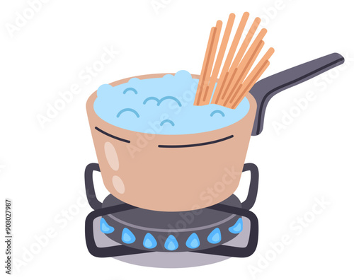 Boiling water with pasta. Cooking spaghetti in pot on stove, boiling pasta on gas cooker, food preparing flat vector illustration. Lunch or dinner cook on gas stove