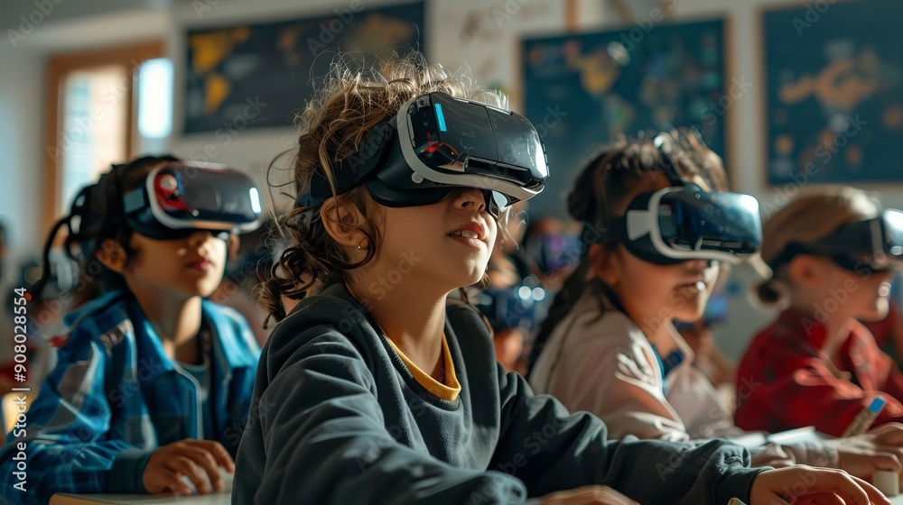Group of Students Wearing Virtual Reality Headsets Sit in Classroom