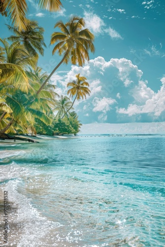 Fototapeta Naklejka Na Ścianę i Meble -  Tropical beach with palm trees and azure water in ocean. Paradise island on a sunny day. Trip, travel and vacation theme