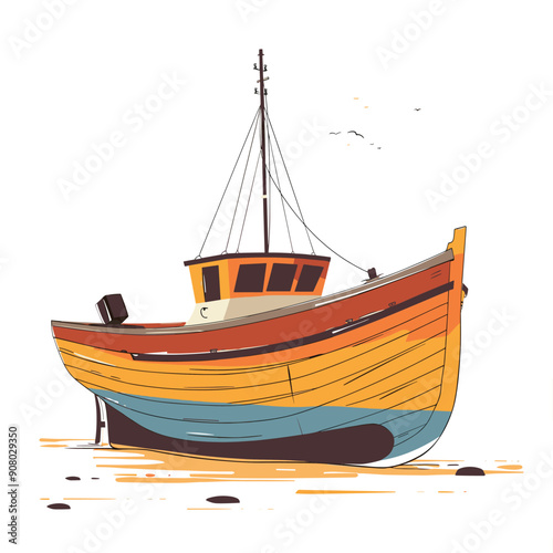 Colorful wooden fishing boat stranded shore low tide isolated white background. Old vintage wooden boat blue orange yellow weathered surface docked beachside pier. Rustic traditional fishing vessel