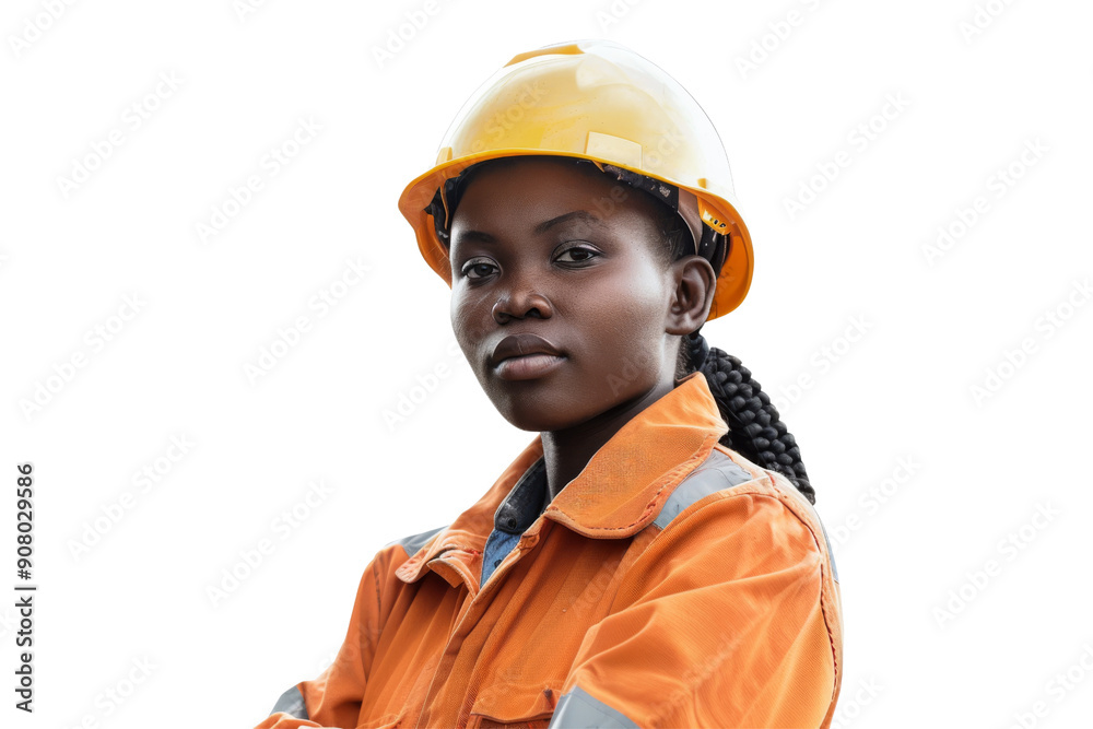 Ethnic female worker in safety attire and helmet gazing at camera isolated on white background