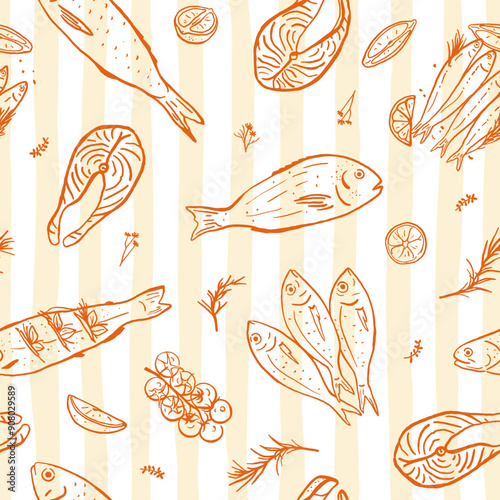 Hand drawn different fish seamless pattern