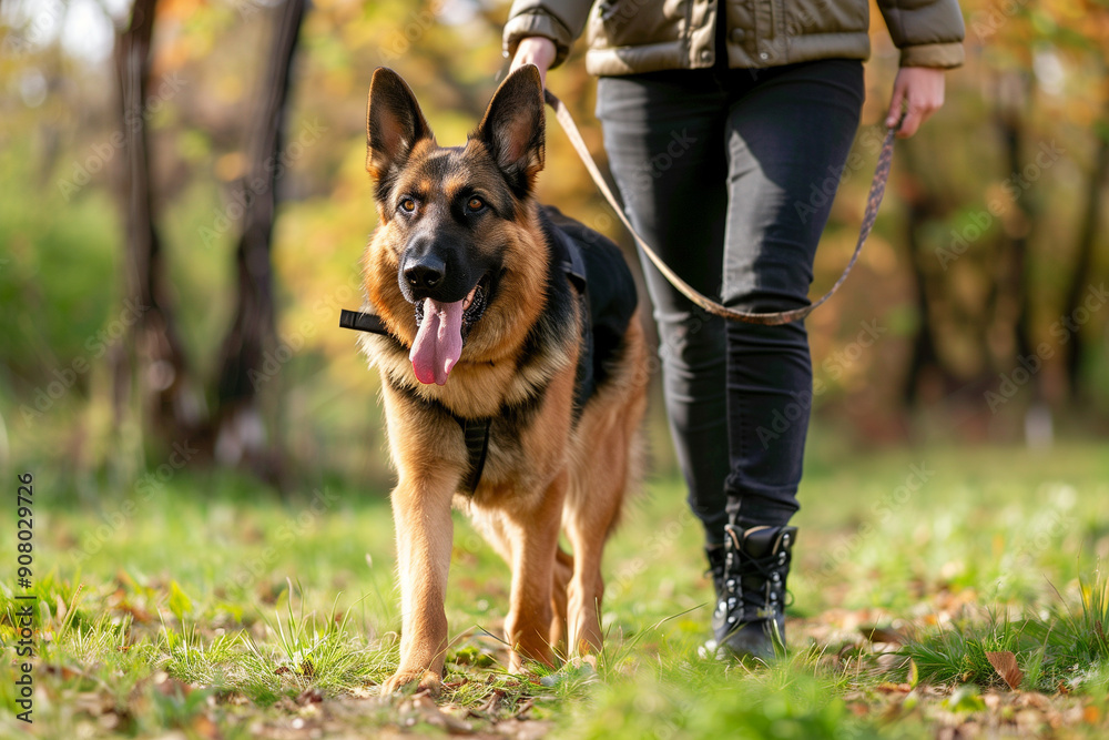 German Shepherd being walked in autumn park, illustrating strong bond and careful attention to pet’s needs German Shepherd being walked in autumn park, illustrating strong bond and careful attention to pet’s needs