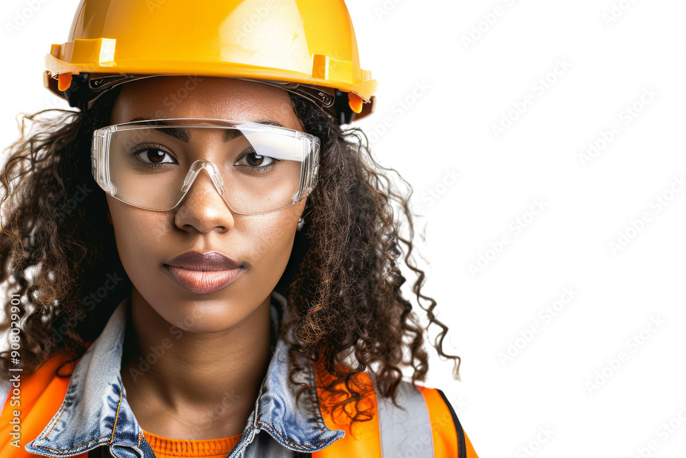 Ethnic worker woman in protective gear and helmet making eye contact with camera isolated on white background Ethnic worker woman in protective gear and helmet making eye contact with camera isolated on white background