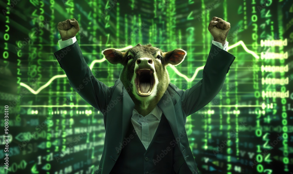 Bull-headed businessman celebrating a booming stock market, surrounded by financial charts.