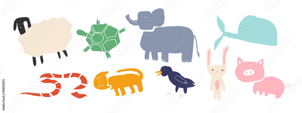 Fototapeta premium Abstract, papercut funny set of animal, simple and cute for kid. Snake, birl, whale, fish, turtle, elephant, cat, kitten, bunny, rabbit, lamb, sheep, pig., creative ideas