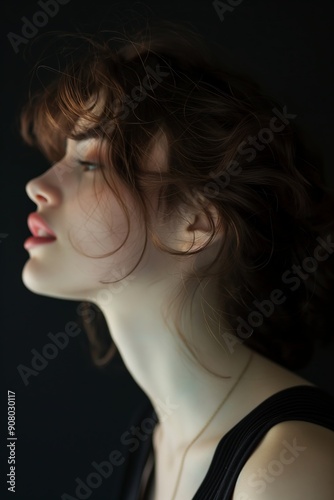 A close-up side portrait of a person with loose wavy hair against a dark background, showcasing the neck and ear.