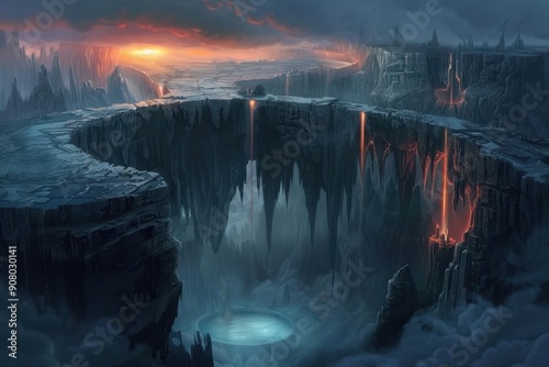 A Dramatic Sunset Over A Fantasy Landscape With Jagged Cliffs And A Pool Of Water