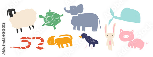 Abstract, papercut funny set of animal, simple and cute for kid. Snake, birl, whale, fish, turtle, elephant, cat, kitten, bunny, rabbit, lamb, sheep, pig., creative ideas