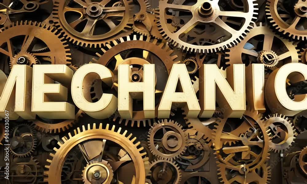 Steampunk gears text animation 'mechanic' with rotating cogwheels