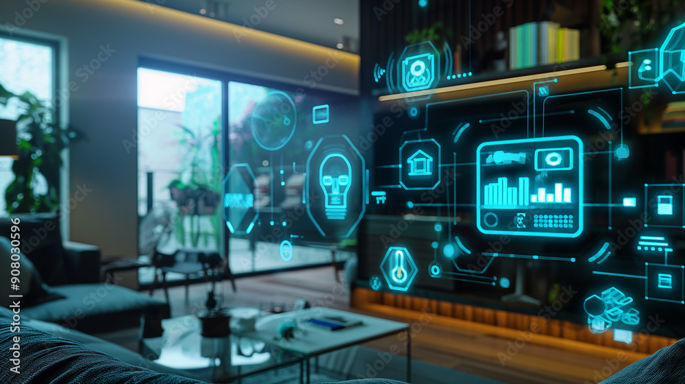 A smart home with various AI-controlled devices in use A smart home with various AI-controlled devices in use