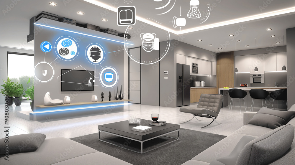 A smart home with various AI-controlled devices in use A smart home with various AI-controlled devices in use