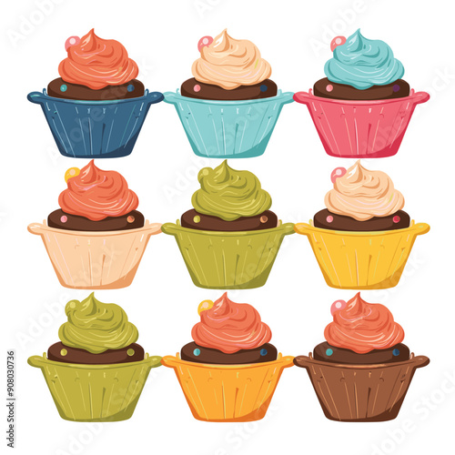 Colorful cupcakes variety colors, flavors decorated frosting repeating pattern. Nine different cupcakes whimsical pastel colors ideal party, birthday illustration. Fun dessert design isolated white