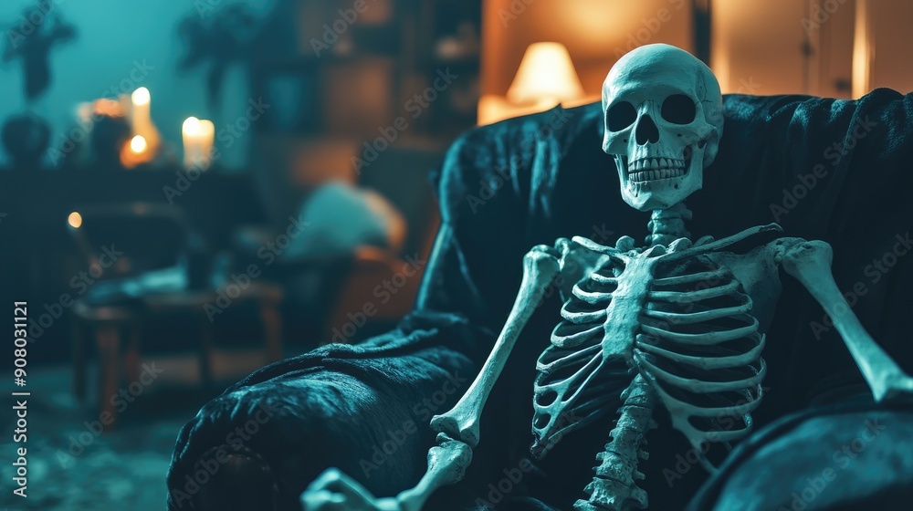 Halloween skeleton sitting on a chair, dimly lit room, copy space Halloween skeleton sitting on a chair, dimly lit room, copy space