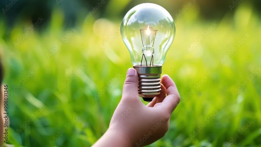 Child hand holding energy saving eco lamp over green grass background