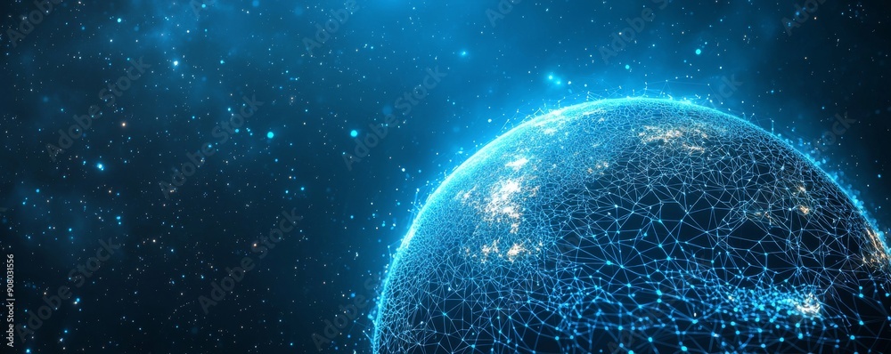 Fototapeta premium Digital wireframe Earth with glowing network connections and starry background