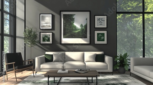 art on wall of a modern living room with furniture and window. artwork should have a black frame with a white matte around it © Pter