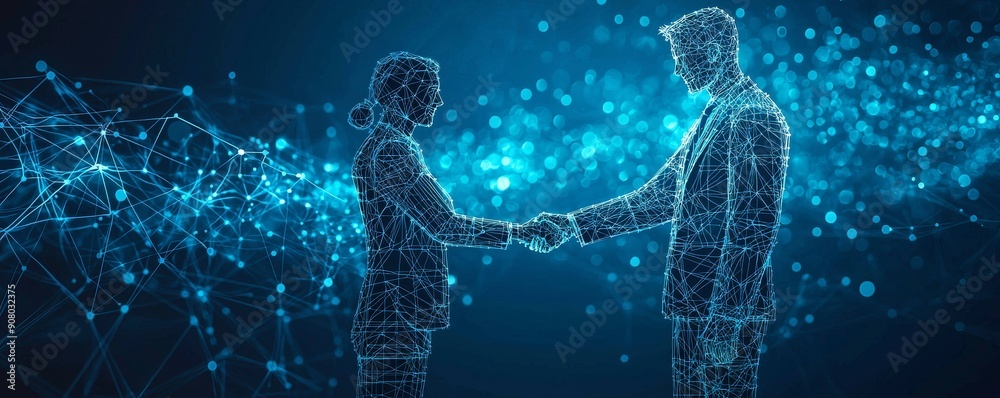 Wireframe illustration of entrepreneurs shaking hands to symbolize business partnership and technology Wireframe illustration of entrepreneurs shaking hands to symbolize business partnership and technology