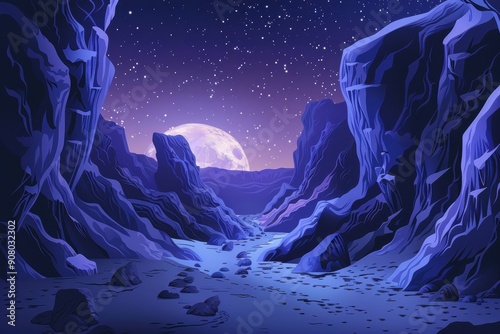 A digital illustration of a moonlit canyon with a full moon shining brightly in the night sky