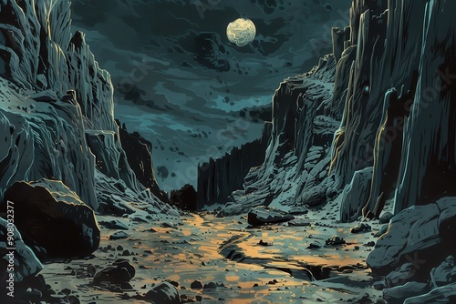 A solitary moon shines down on a barren landscape of jagged cliffs and a winding stream