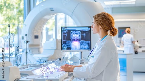 State-of-the-art radiotherapy equipment in a modern cancer treatment center, featuring patients receiving precise, targeted treatments under the supervision of medical professional