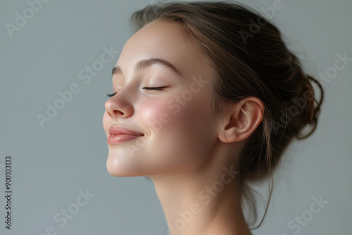 A close up of a girl's face with her eyes closed