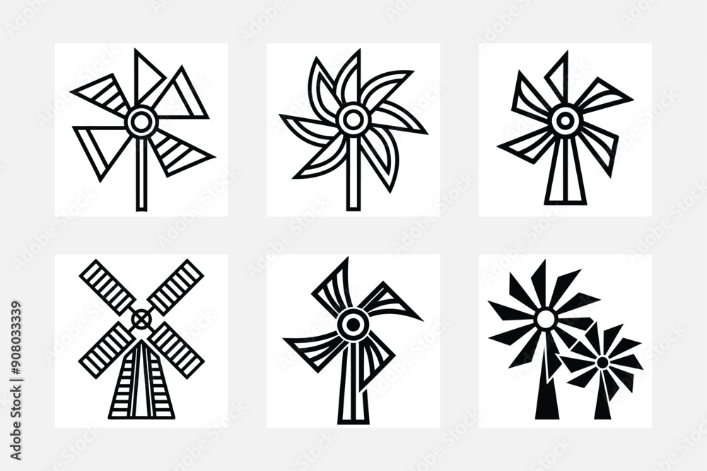 Fototapeta premium Beautiful Windmill Silhouette White Background Artwork 