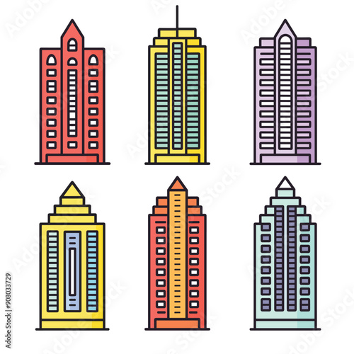 Tall colored buildings skyscrapers cartoon urban cityscape. Modern architectural design structures featuring windows, doors, patterns. Vibrant graphic elements depicting diverse highrises towers