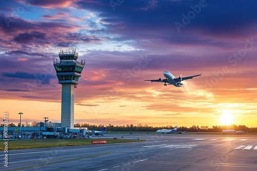Airplane taking off at sunrise near an airport control tower